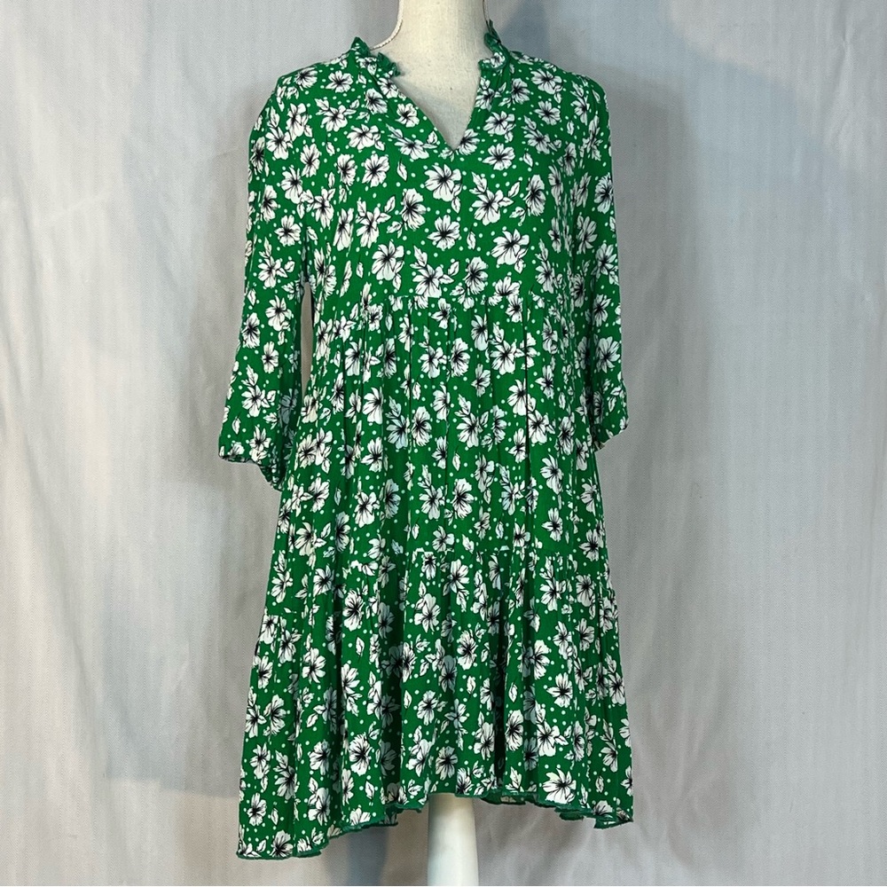 Melloday Dress Boho Green & White Floral V Neck 3/4 Length Sleeves Tiered EUC L👍